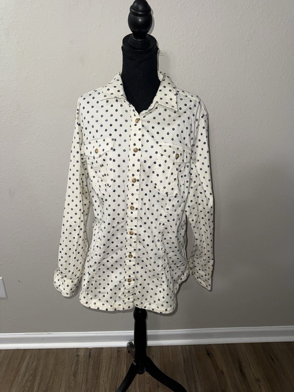 DULUTH TRADING Full Button Long Sleeve White Polka-Dot Canvas Blouse Women's XL